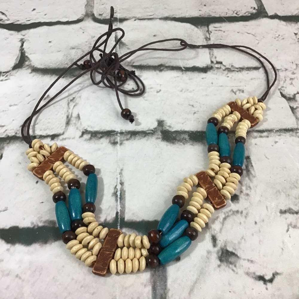 Beaded Necklace Triple Layered Wooden Beads Tropical Island Motif